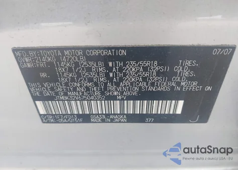 2007 Toyota Rav4 Sport V6 z USA, uszkodzony, nr VIN JTMBK32V675040352